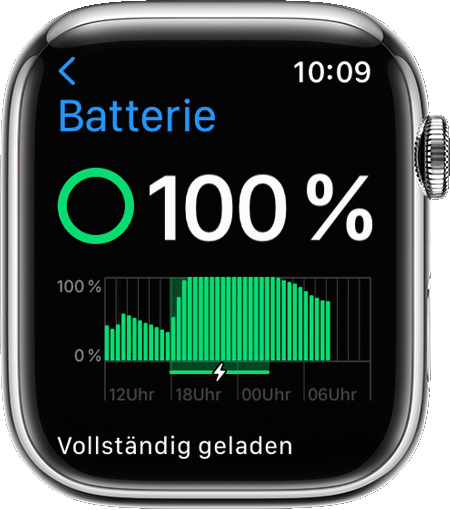 Apple Watch mit Details zum Laden in der Einstellungen-App