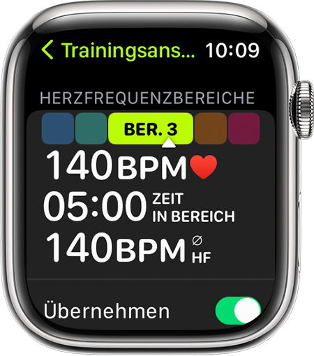 Apple Watch mit dem Messwert für die Herzfrequenzzone während eines Lauftrainings