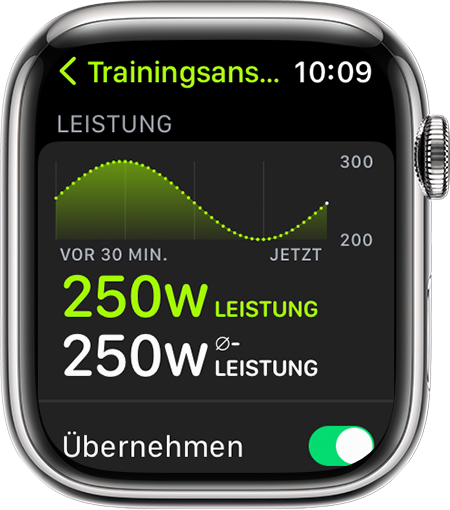 Apple Watch mit dem Messwert für die Laufleistung während eines Lauftrainings