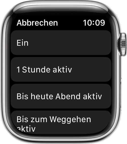 Apple Watch, auf dem die "Nicht stören"-Optionen angezeigt werden