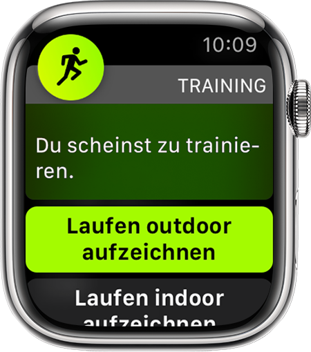 Eine Mitteilung zum Beginn eines Indoor-Laufs auf einer Apple Watch.