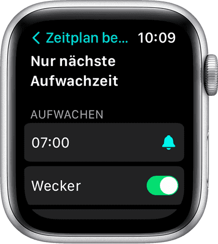 Ein Apple Watch-Bildschirm, auf dem die Optionen zum Bearbeiten von 'Nur nächste Aufwachzeit' angezeigt werden