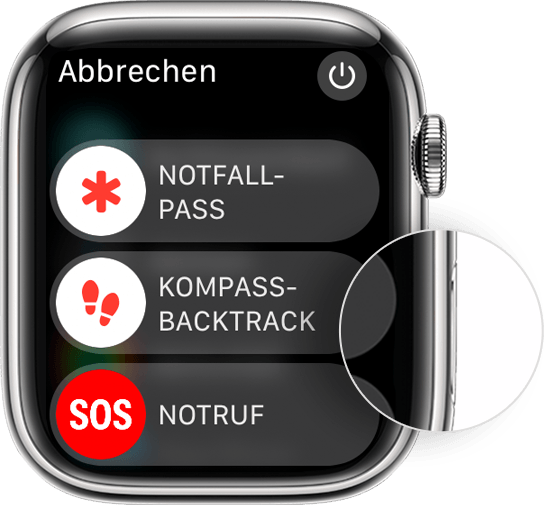 Apple Watch mit Position der Seitentaste und Schieberegler 