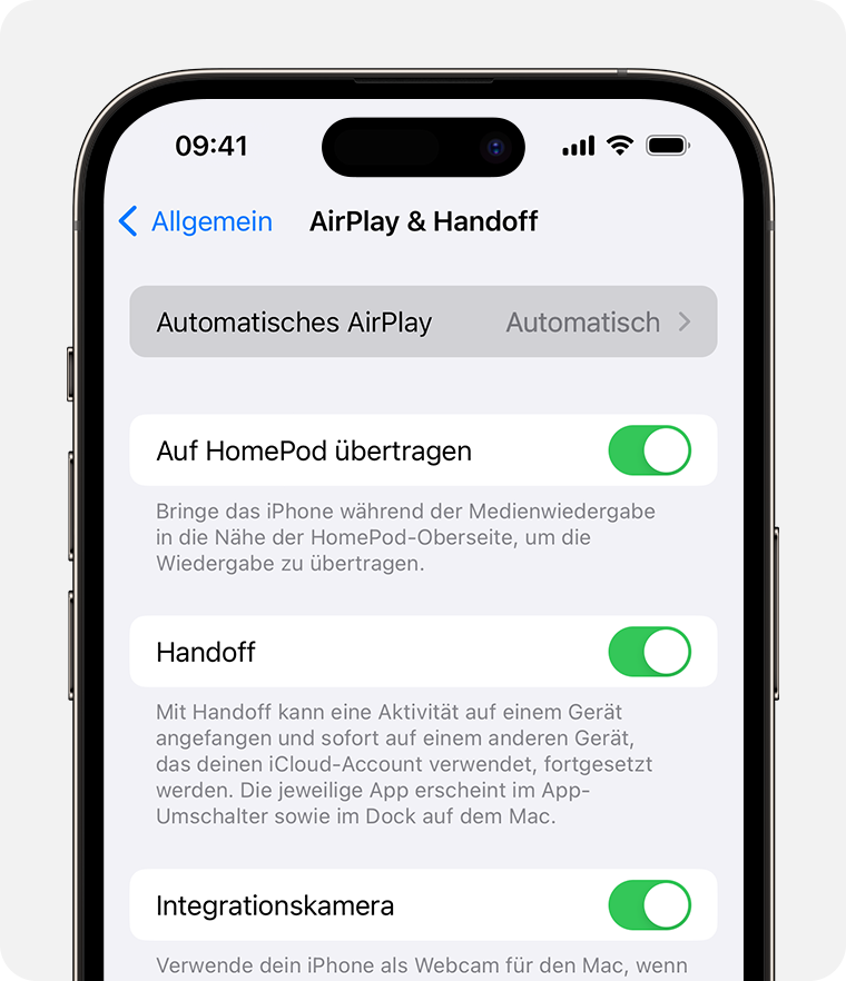 Auf dem Bildschirm „AirPlay & Handoff“ auf einem iPhone ist für die Option „Automatisches AirPlay“ die Einstellung „Automatisch“ ausgewählt