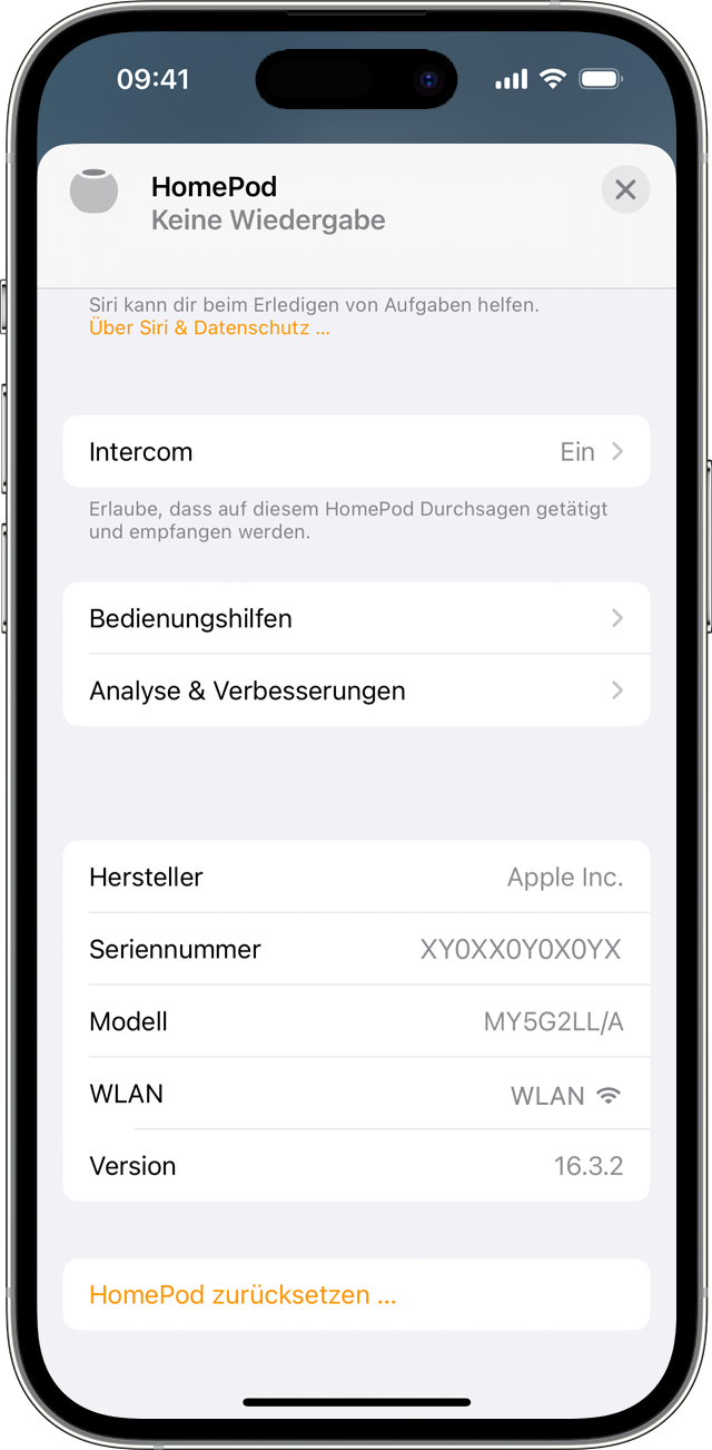 Home-App auf dem iPhone, die die Position der Seriennummer in den HomePod-Einstellungen anzeigt