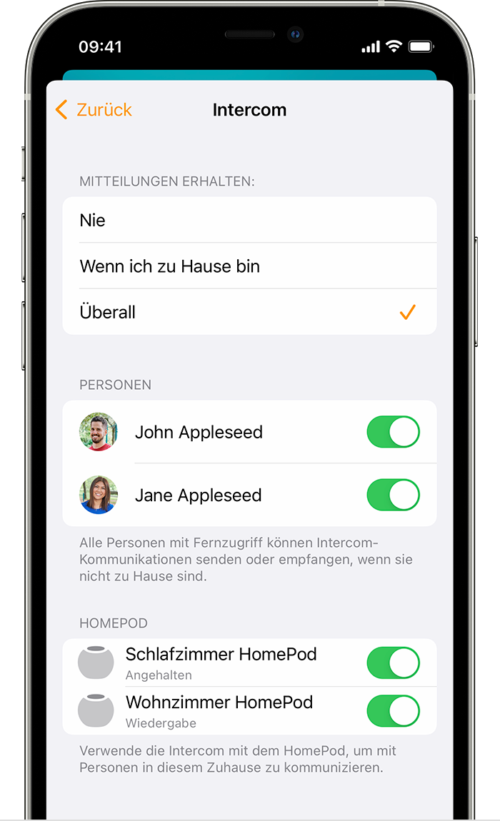 iOS-Bildschirmfoto mit Intercom-Einstellungen.