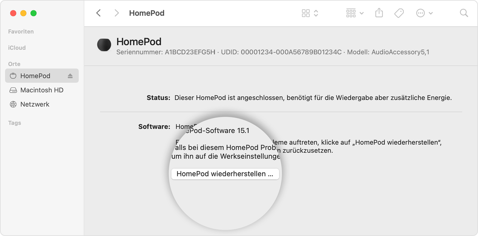 Option "HomePod wiederherstellen" auf dem Mac