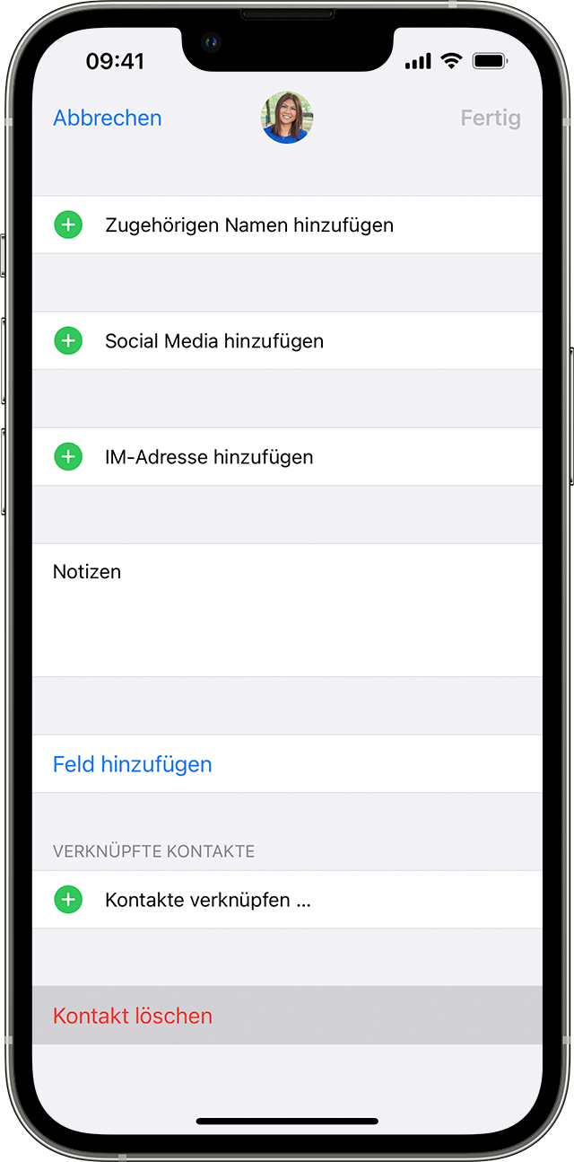 Ein iPhone-Bildschirm mit der Option zum Löschen eines Kontakts