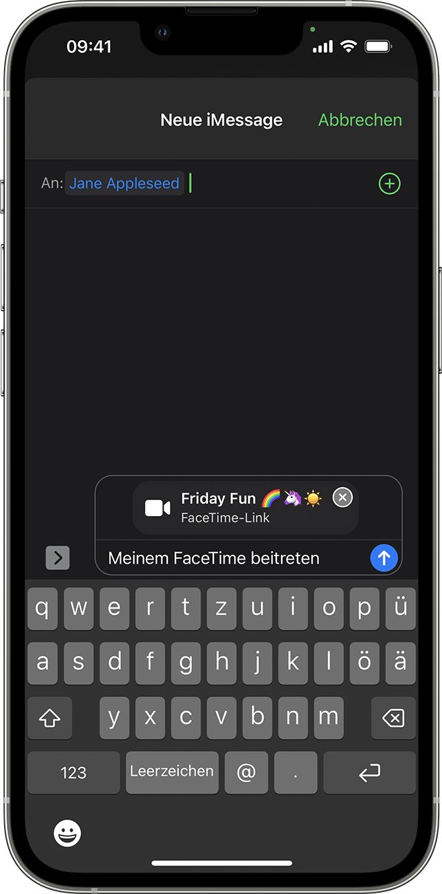 Ein iPhone, das einen neuen ausgehenden iMessage-Entwurf mit einem Link zu einem FaceTime-Anruf im Textfeld anzeigt.