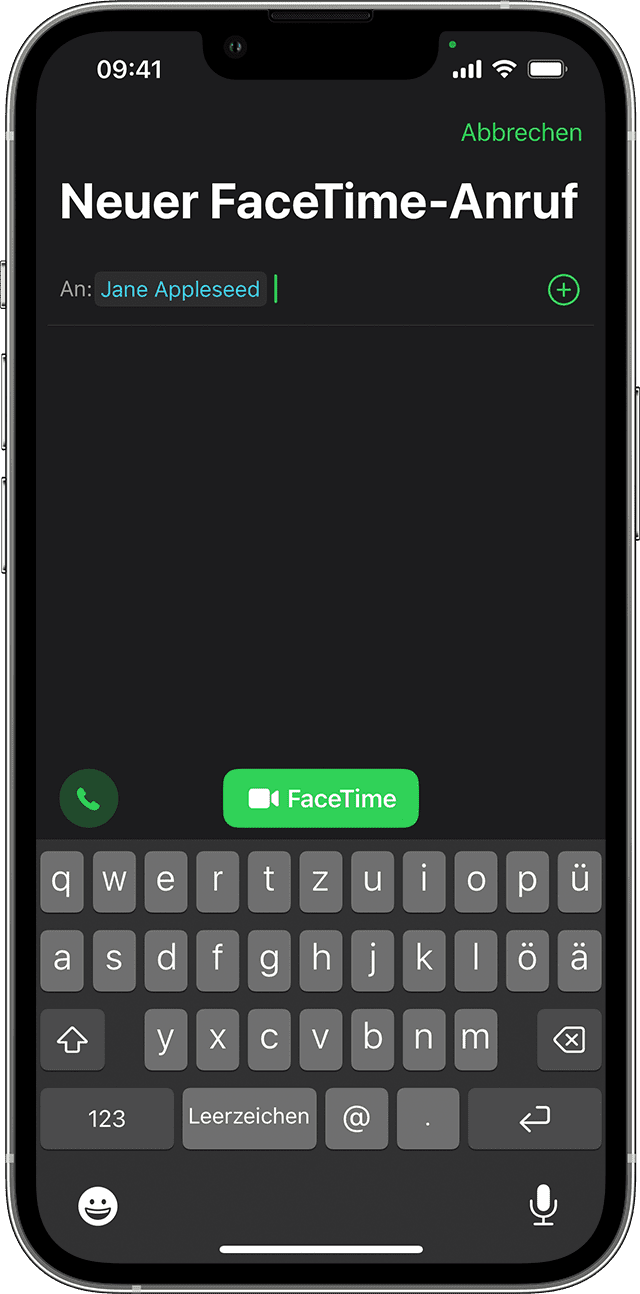 Ein iPhone mit der Telefon-App während eines Anrufs mit Jane Appleseed. Die Taste "FaceTime" befindet sich in der zweiten Reihe der Symbole in der Mitte des Bildschirms.