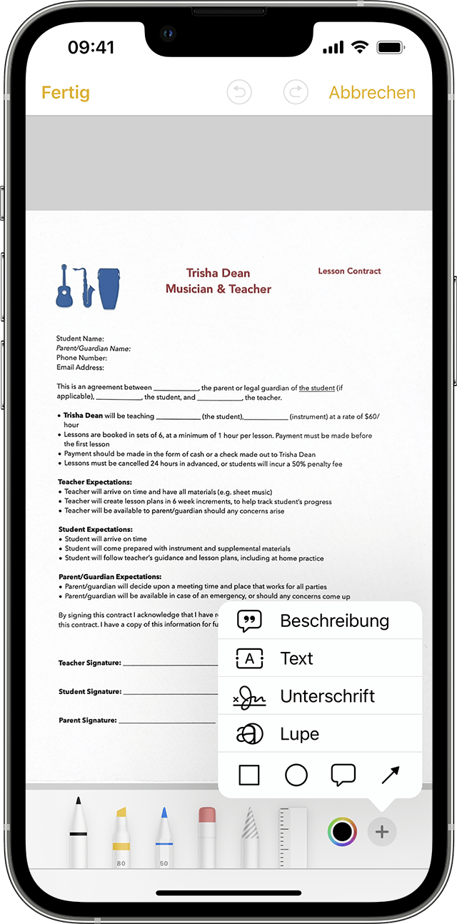 In der Notizen-App auf deinem iPhone kannst du mithilfe von "Markierungen" ein gescanntes Dokument unterzeichnen.