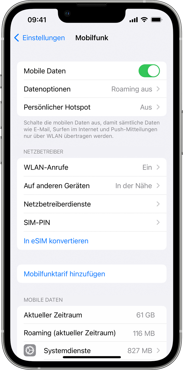 iPhone-Bildschirm mit Einstellungen für mobile Daten
