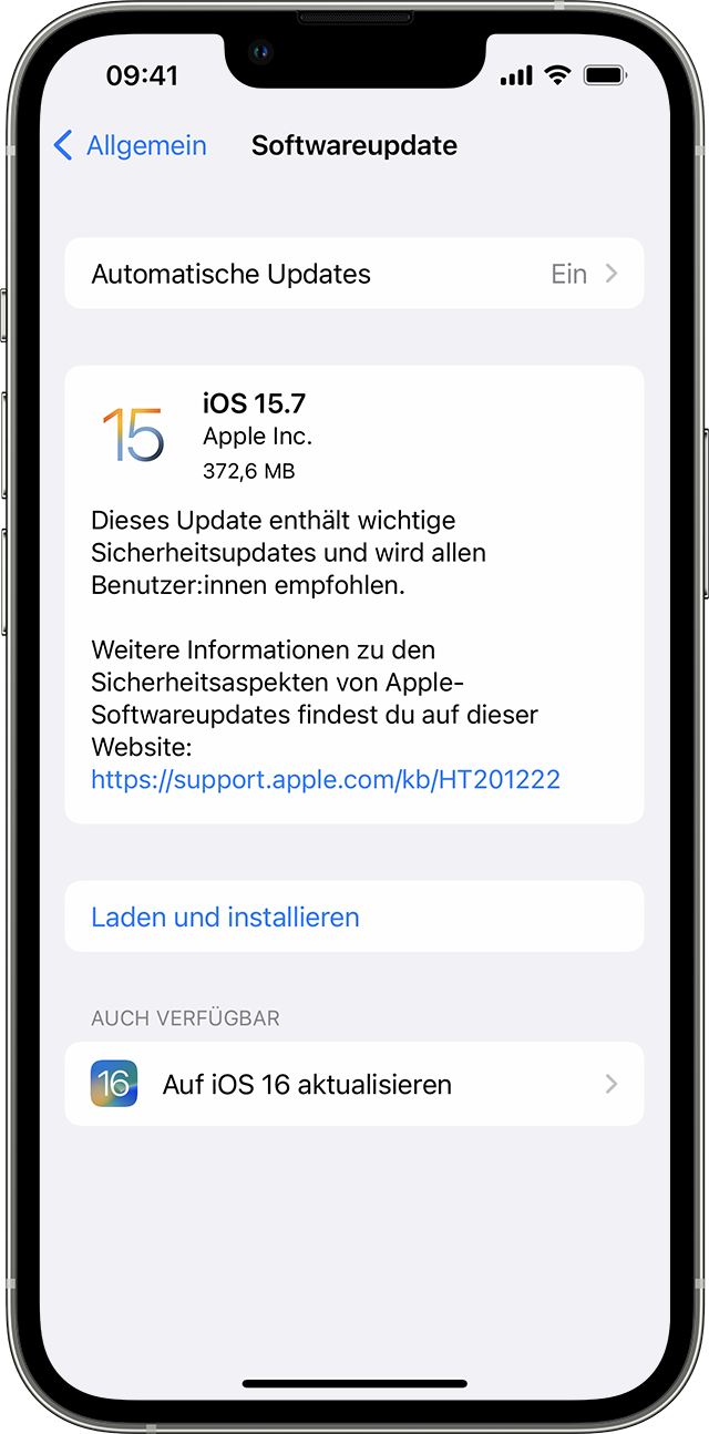 Die Einstellungen-App auf dem iPhone mit Optionen für ein Update auf iOS 15.7 oder iOS 16