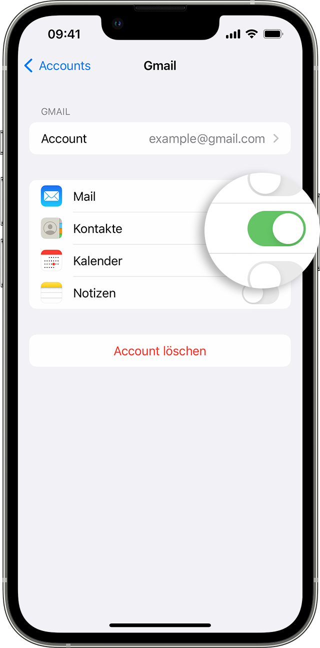Ein iPhone-Bildschirm, auf dem gezeigt wird, wie die Kontakte-App für deinen Gmail-Account eingeschaltet wird