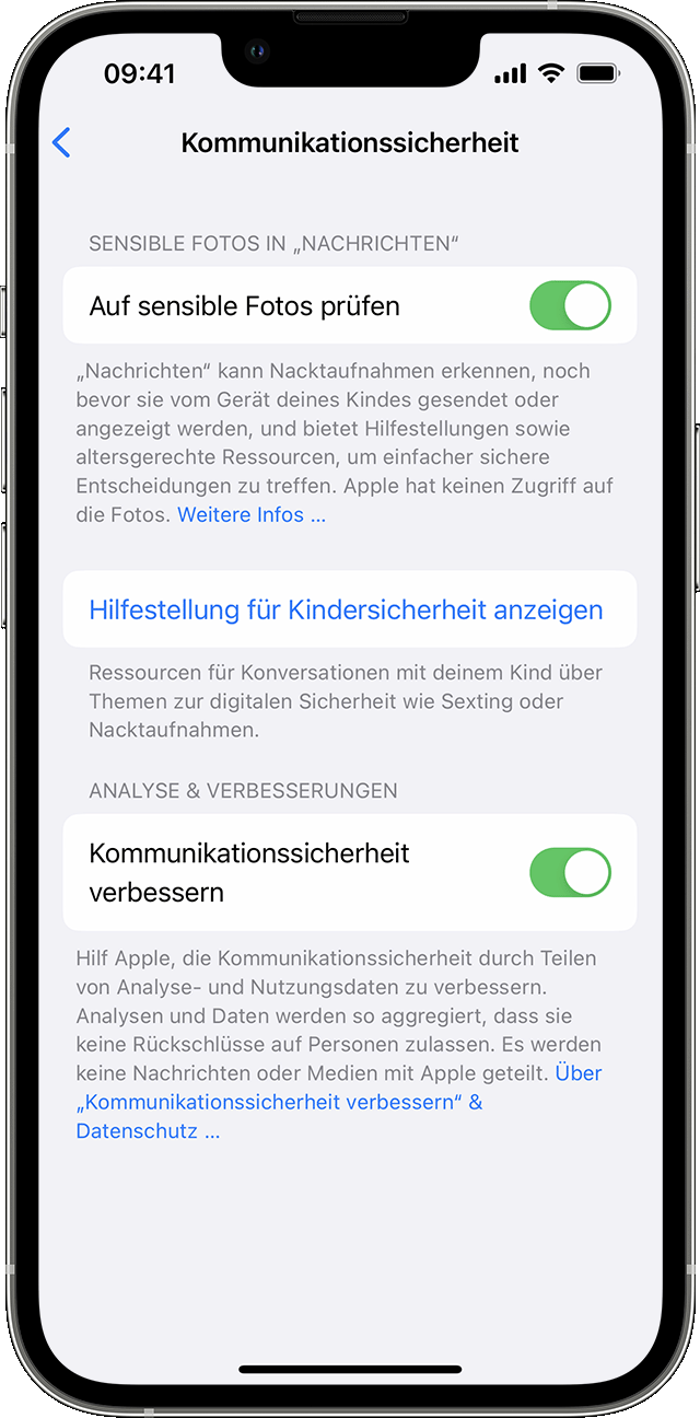 Die Optionen für Kommunikationssicherheit unter 'Einstellungen' für iOS 16.