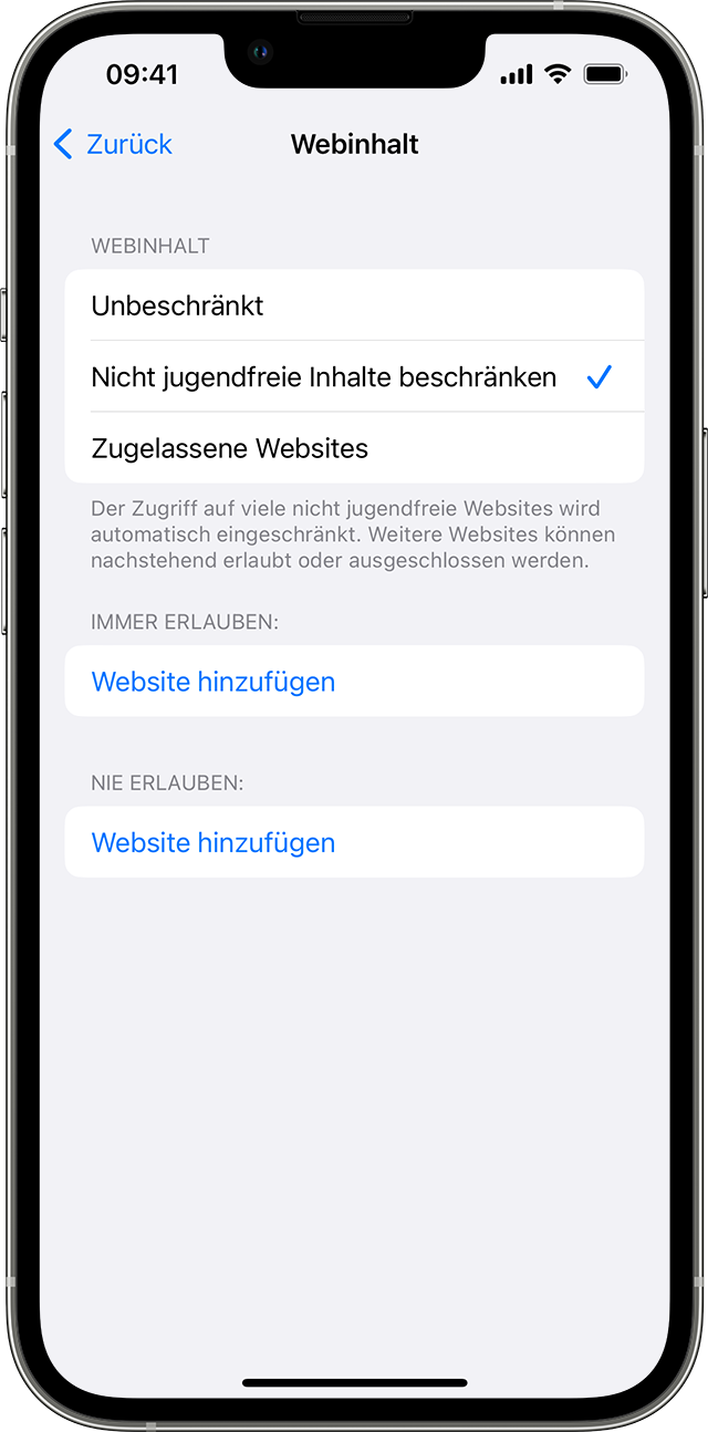 Ein iPhone, auf dem der Webinhalt-Bildschirm angezeigt wird. Unter 