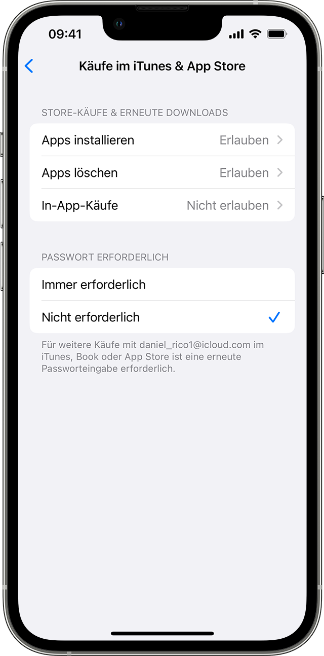 Ein iPhone, auf dem der Bildschirm "Käufe im iTunes & App Store verhindern" angezeigt wird. Unter 