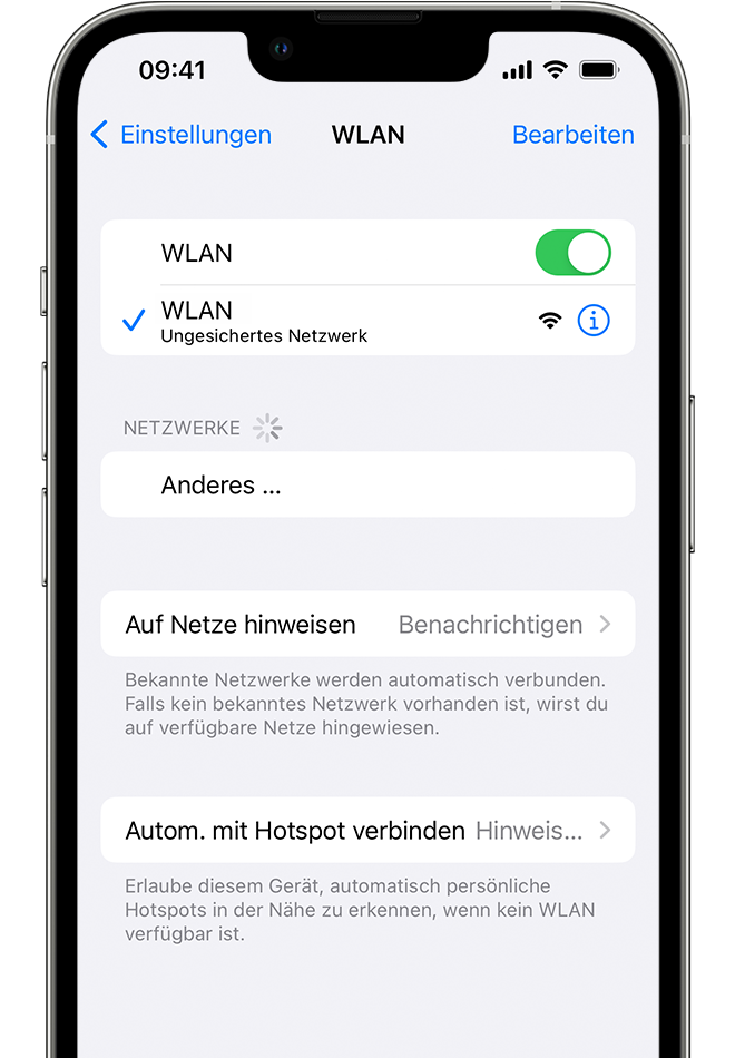 iPhone mit angezeigtem WLAN-Bildschirm. Neben dem Namen des WLAN-Netzwerks wird ein blaues Häkchen angezeigt.