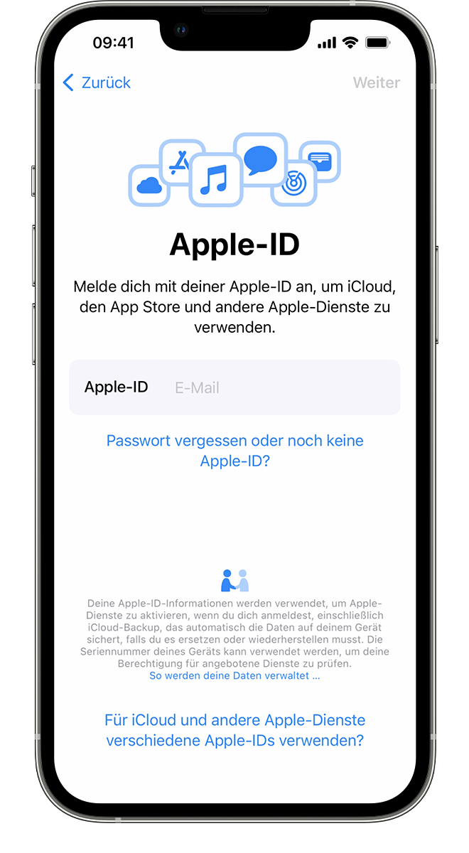 Ein neues iPhone, das den Bildschirm "Apple-ID" zeigt, auf dem du dich mit deiner Apple-ID und dem Passwort anmelden kannst.