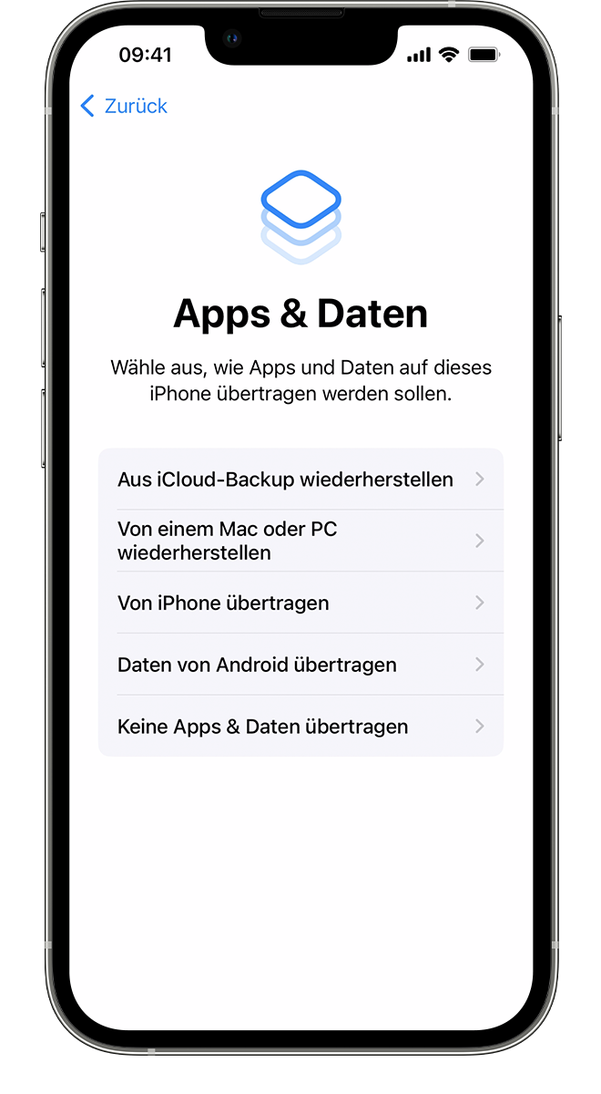 Ein neues iPhone, das den Bildschirm "Apps & Daten" zeigt, auf dem du auswählen kannst, wie deine Daten auf dieses Gerät übertragen werden sollen.