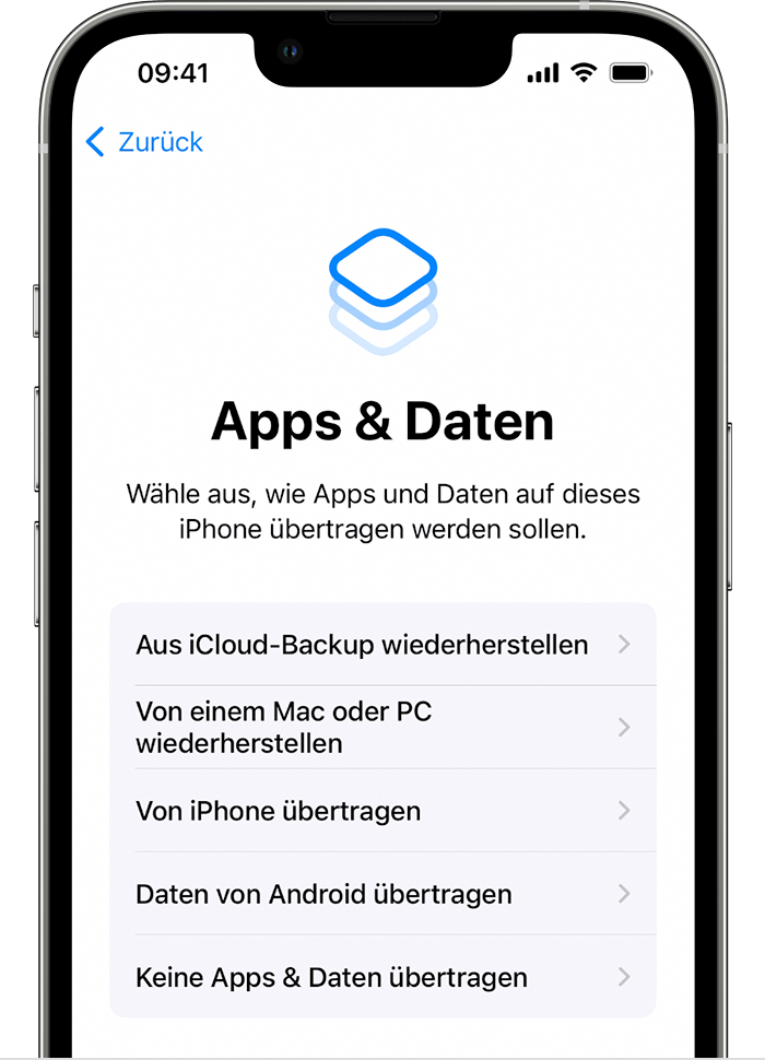 Ein iPhone mit den Optionen zum Übertragen von Apps und Daten