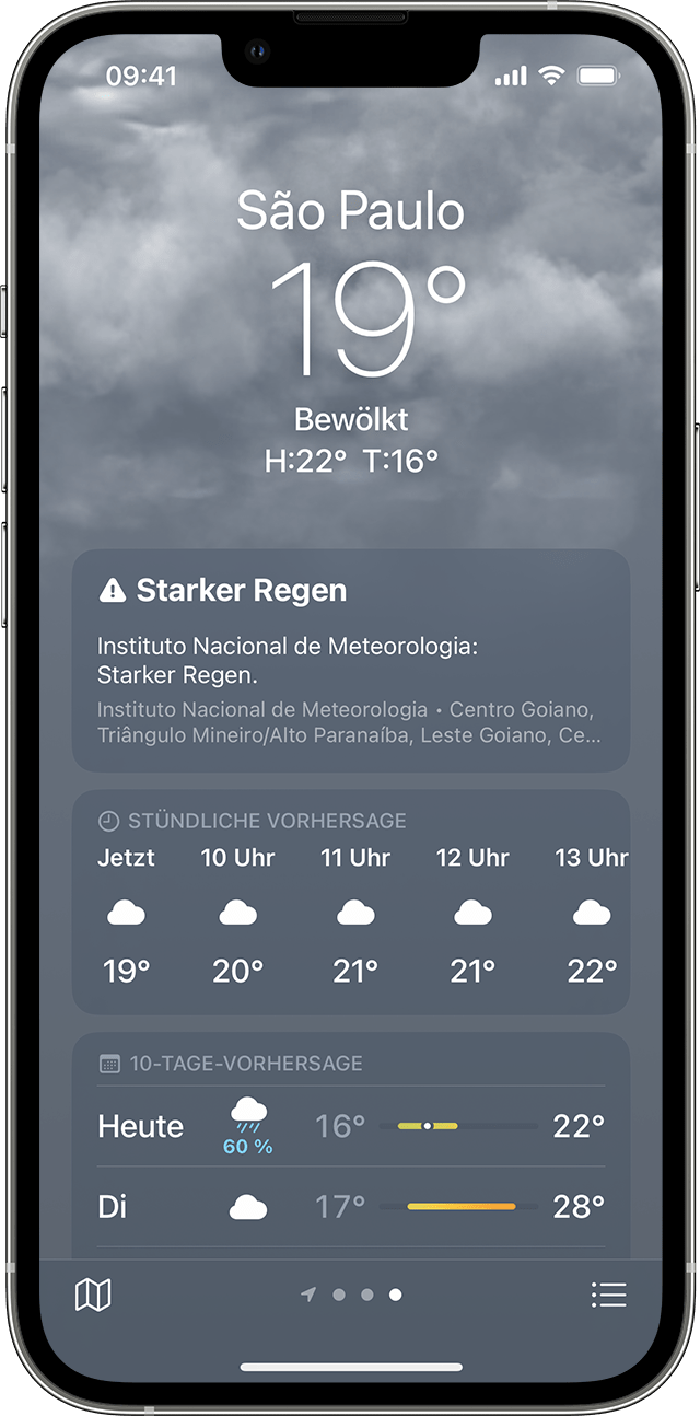 iPhone zeigt Unwetterinformationen in der Wetter-App an.