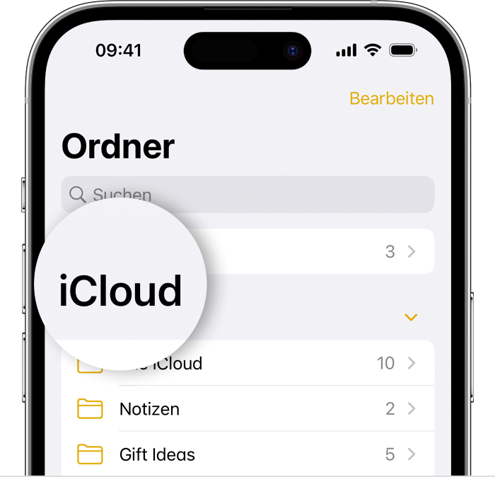 iPhone mit dem Ordner-Bildschirm in der Notizen-App, wobei der iCloud-Ordner hervorgehoben ist