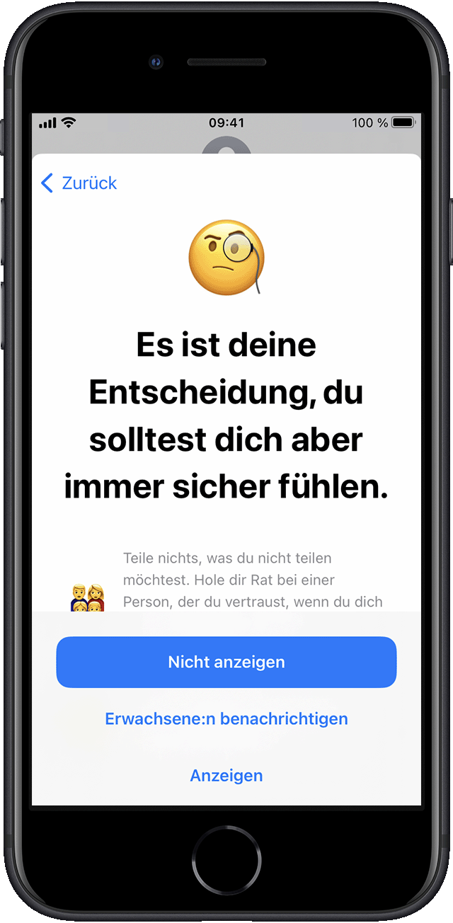 Die Optionen für sensible Fotos in iOS 16: 'Nicht anzeigen', 'Erwachsene:n benachrichtigen' oder 'Anzeigen'.
