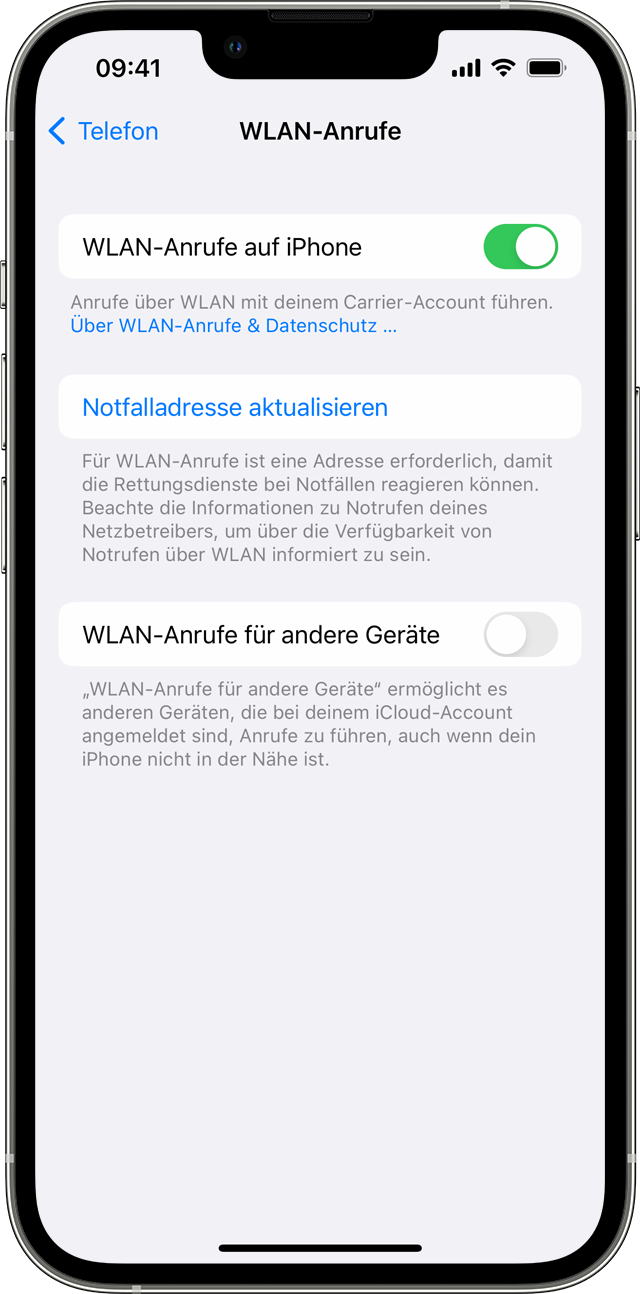 iPhone, auf dem der Bildschirm "WLAN-Anrufe" zu sehen ist, und auf dem "WLAN-Anrufe" aktiviert ist.