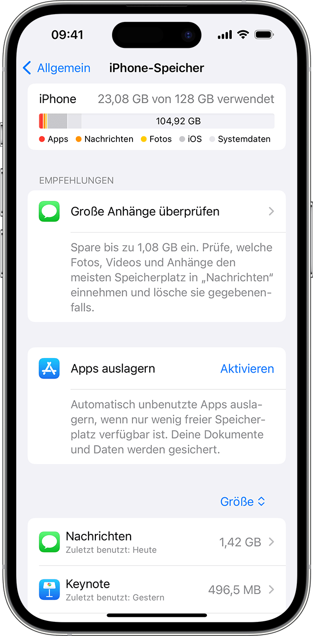 Ein iPhone-Bildschirm mit Empfehlungen zum Freigeben von Speicherplatz auf deinem Gerät