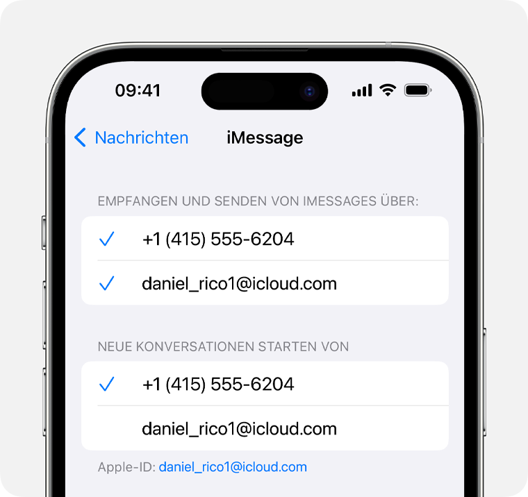 Du kannst deine Telefonnummer und E-Mail-Adresse gleichzeitig verwenden, um Konversationen in der Nachrichten-App zu starten oder zu empfangen.
