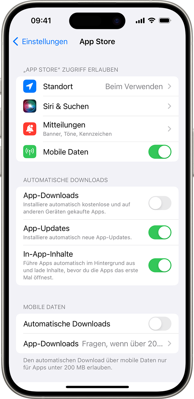 iPhone, auf dem die App Store-Optionen in den Einstellungen angezeigt werden, einschließlich "App-Updates".