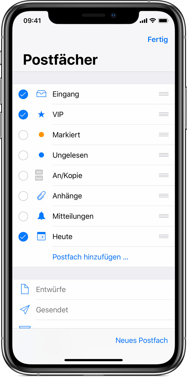 Postfächer für die Verwaltung von EMails auf dem iPhone, iPad und iPod