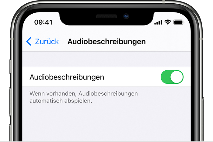Die Taste "Audiobeschreibungen" in den Einstellungen auf dem iPhone