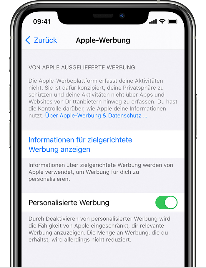 iPhone mit Optionen für Apple-Werbung, darunter "Informationen für zielgerichtete Werbung anzeigen" und "Personalisierte Werbung"