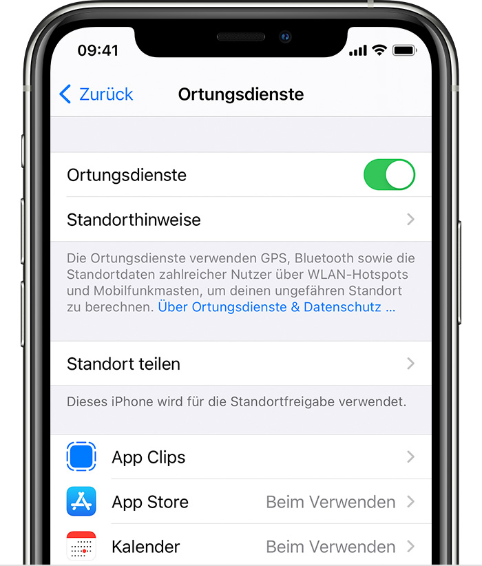 iPhone mit Optionen der Ortungsdienste, darunter Optionen für Standorthinweise und App-spezifische Einstellungen