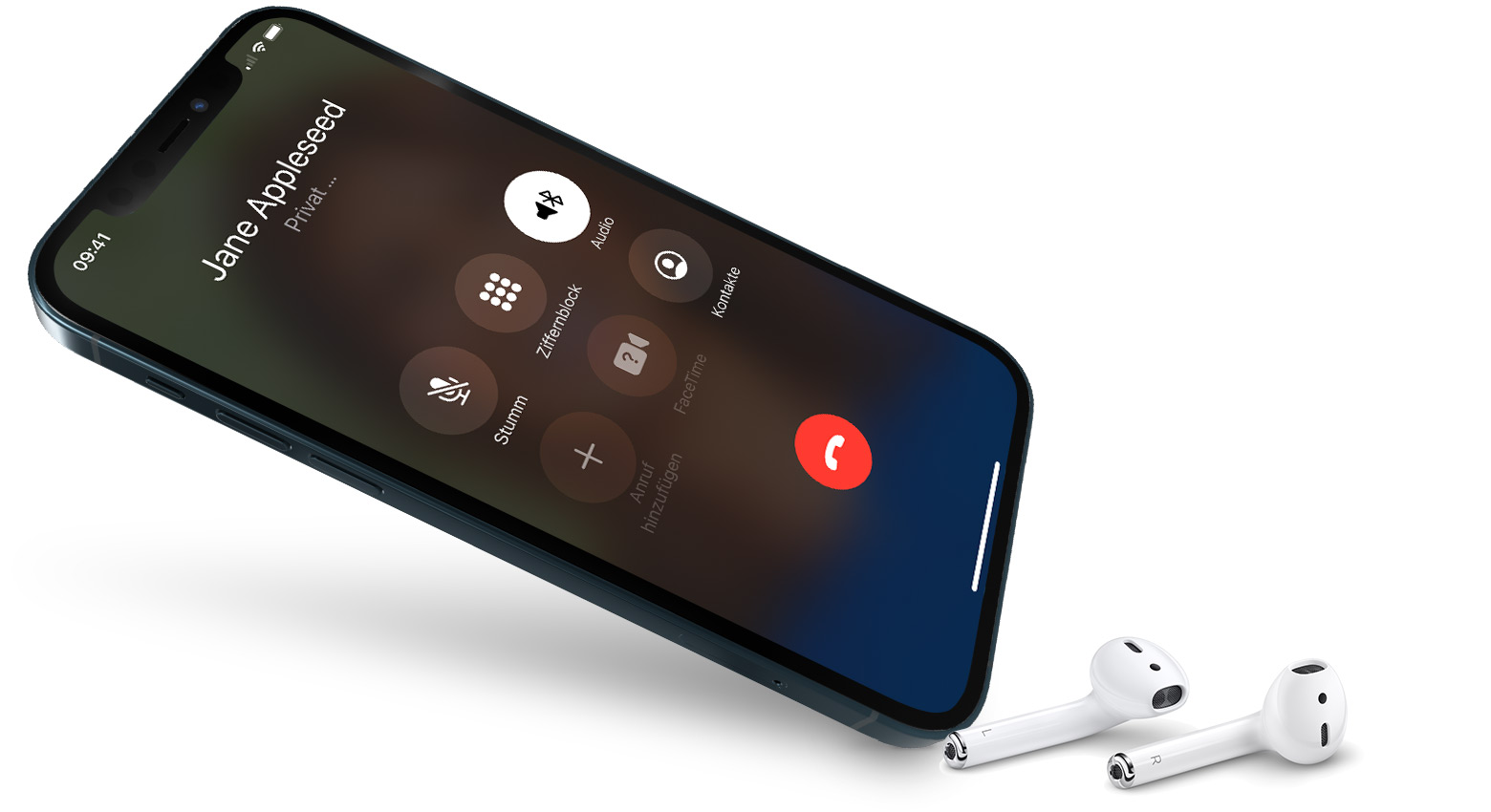 iPhone, auf dem zu sehen ist, dass ein Anruf an Jane Appleseed getätigt wird, und das sich neben AirPods befindet.