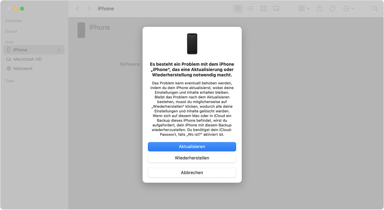 Ein Finder-Fenster auf einem Mac mit Optionen zum Wiederherstellen oder Aktualisieren deines iPhones