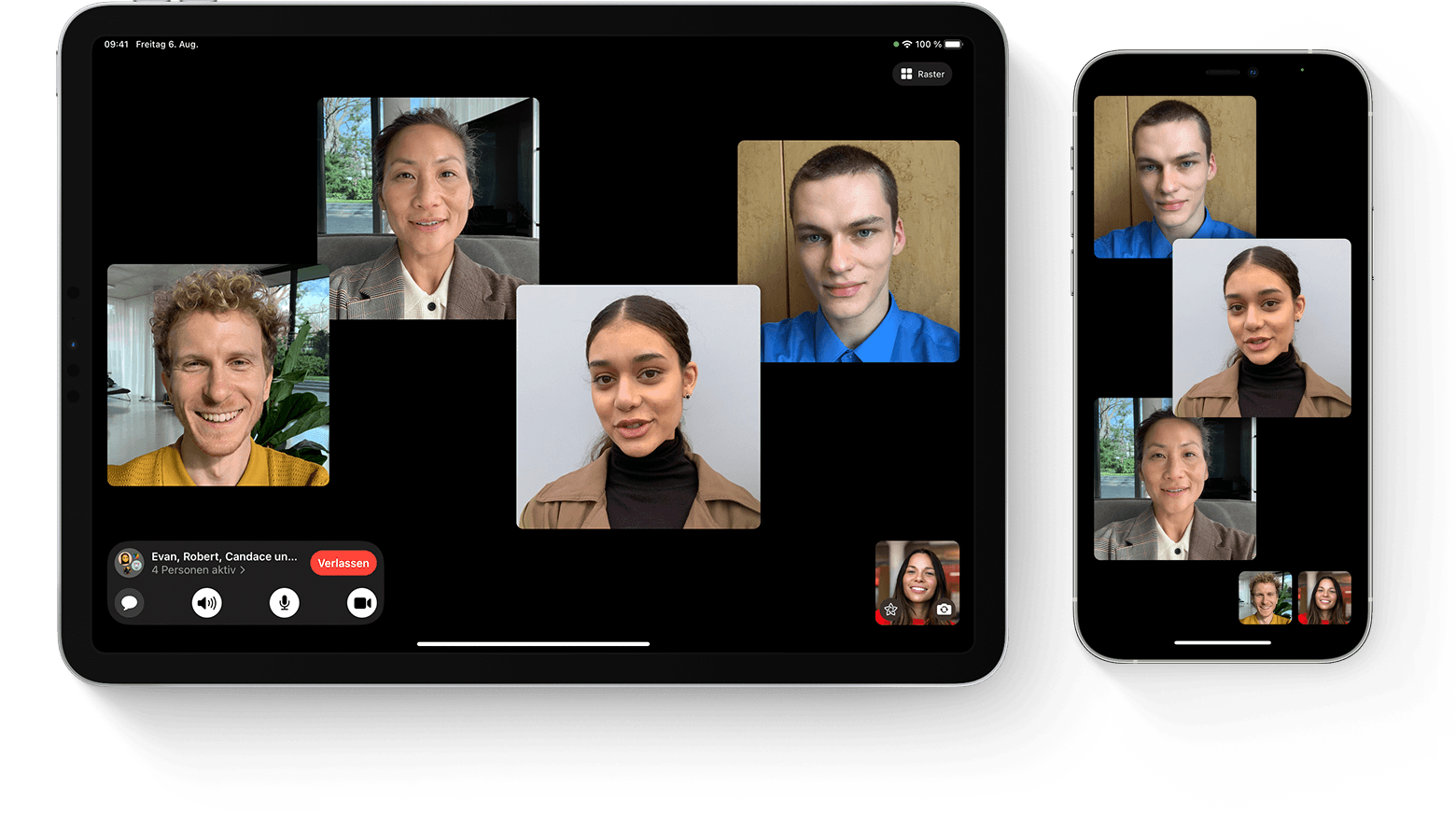 Ein iPhone und ein iPad, auf dem ein FaceTime-Gruppenanruf zu sehen ist