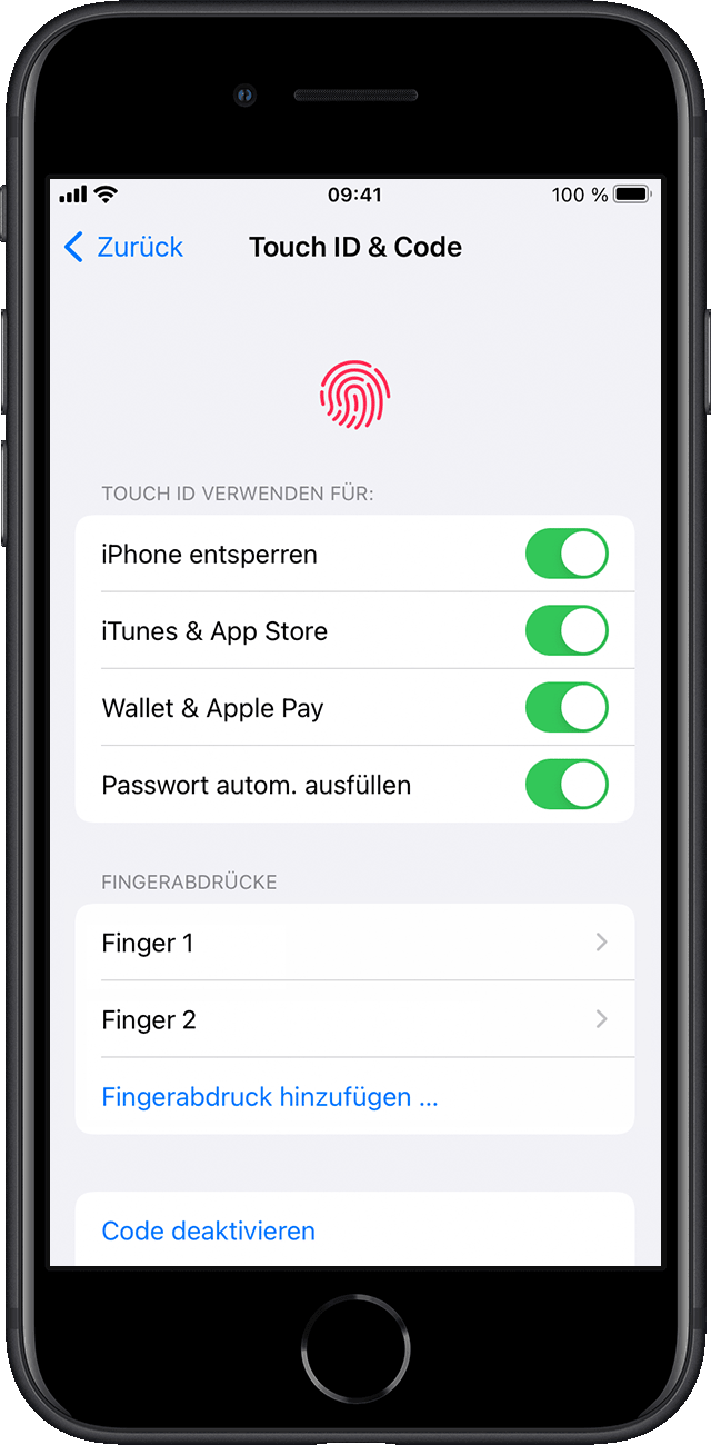 Ein Benutzer wählt unter "Einstellungen" aus, welche iPhone-Funktionen mit Touch ID aktiviert werden sollen.