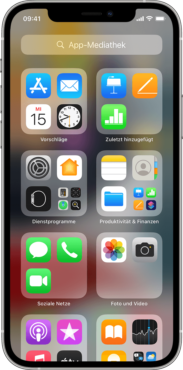 iPhone mit dem Bildschirm für die App-Mediathek.