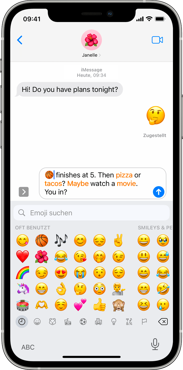 Ein iPhone-Bildschirm mit einer Konversation in der Nachrichten-App mit geöffneter Emoji-Tastatur.