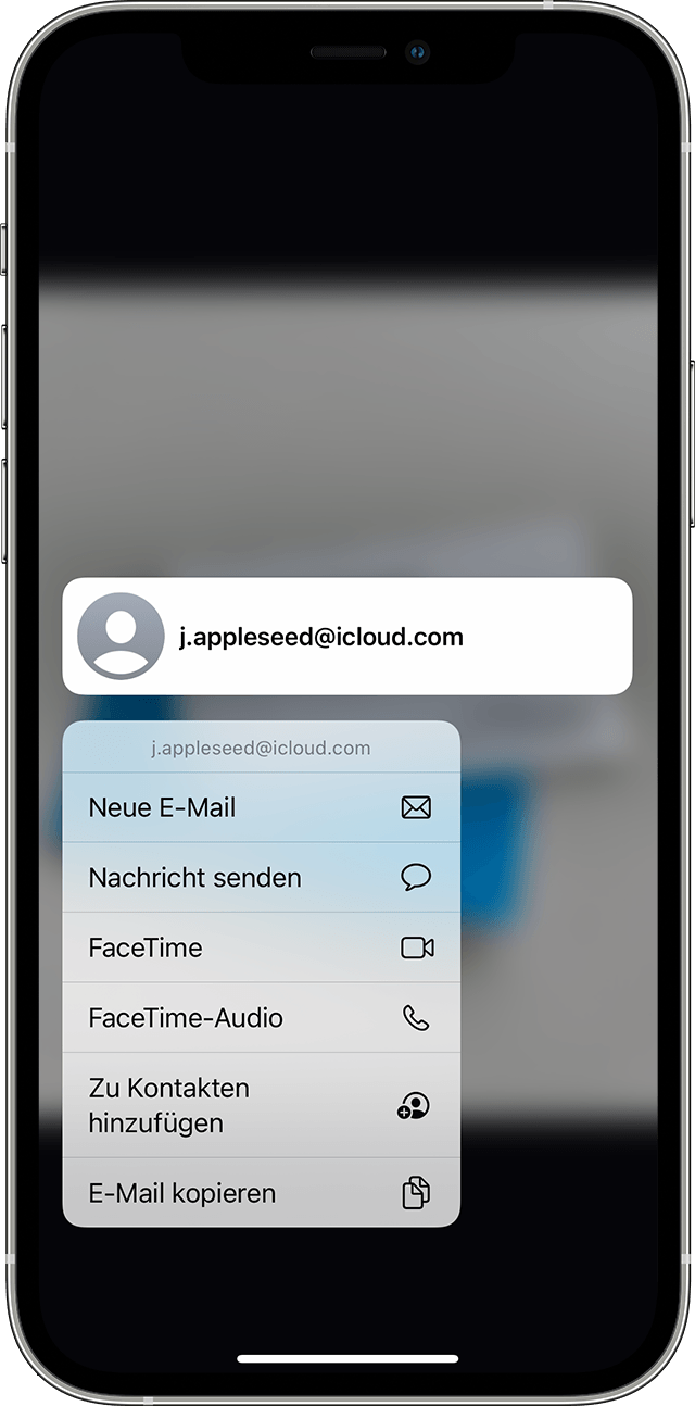 Die Optionen zum Tätigen eines Anrufs oder Senden einer E-Mail mit Live Text auf dem iPhone