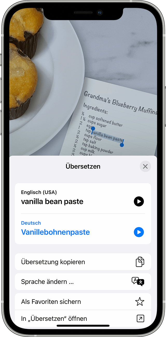 Live Text wird verwendet, um die Zutaten eines Rezepts für Blaubeermuffins zu übersetzen 