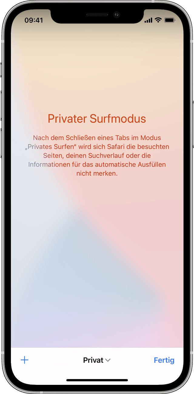 Ein iPhone, das den Bildschirm für "Privates Surfen" anzeigt, nachdem auf "Privat" getippt wurde, um "Privates Surfen" zu aktivieren.