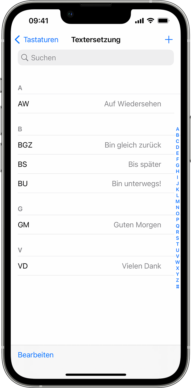 iPhone-Bildschirm, auf dem gezeigt wird, wie Textersetzung verwendet wird