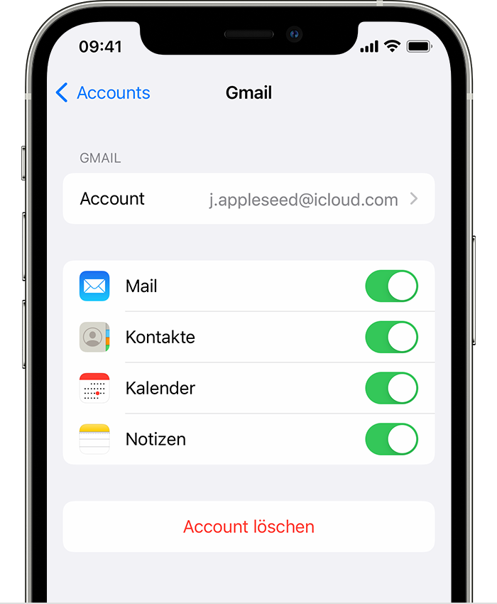 Ein iPhone mit den Einstellungen für einen verbundenen Gmail-Account unter "Einstellungen" > "Mail" > "Accounts" > "Gmail".