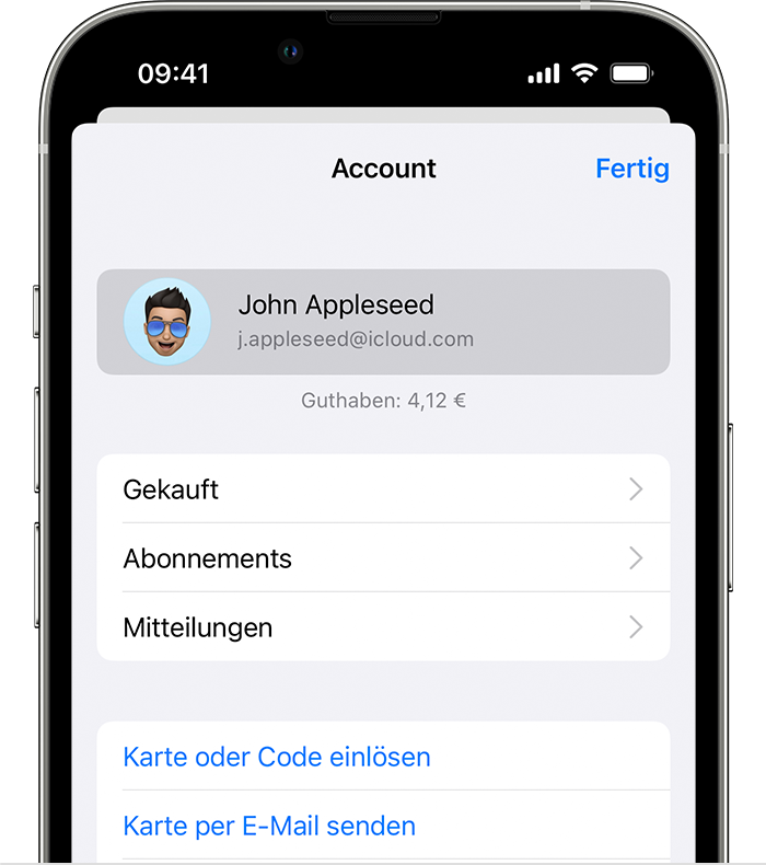 iPhone mit dem Menü "Account" und der ausgewählten Apple-ID von John Appleseed.