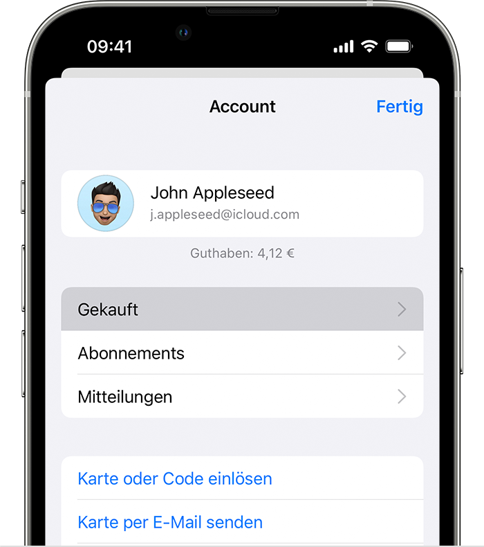 iPhone mit der Option "Käufe" im Menü "Account".