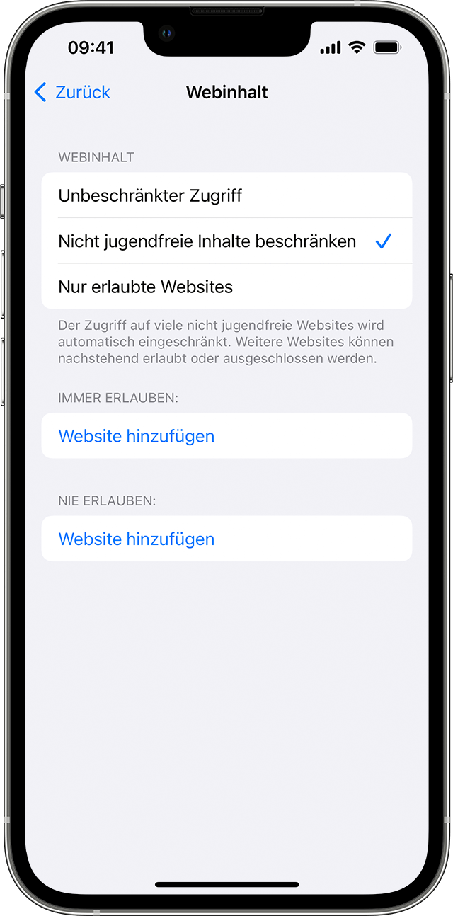 Ein iPhone, auf dem der Webinhalt-Bildschirm angezeigt wird. Unter 